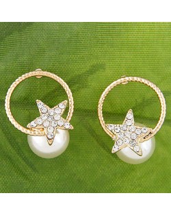 Golden Hoop and Star Attached Sweet Pearl Fashion Women Stud Earrings