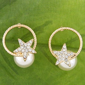 Golden Hoop and Star Attached Sweet Pearl Fashion Women Stud Earrings