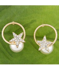 Golden Hoop and Star Attached Sweet Pearl Fashion Women Stud Earrings