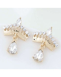 Czech Rhinestone Embellished Crown Design Waterdrop Tassel Style Alloy Women Earrings