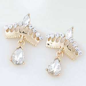 Czech Rhinestone Embellished Crown Design Waterdrop Tassel Style Alloy Women Earrings