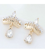 Czech Rhinestone Embellished Crown Design Waterdrop Tassel Style Alloy Women Earrings