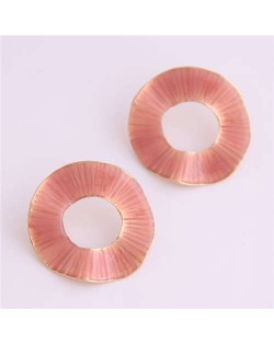 Oil-spot Glazed Folds Design Hoop Fashion Women Alloy Earrings - Pink