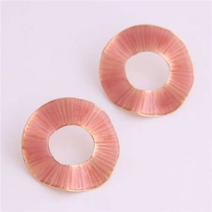 Oil-spot Glazed Folds Design Hoop Fashion Women Alloy Earrings - Pink
