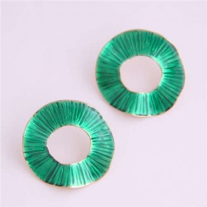 Oil-spot Glazed Folds Design Hoop Fashion Women Alloy Earrings - Green