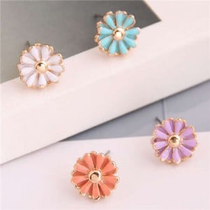 Enamel Mini Daisy Adorable Combo Korean Fashion Women Alloy Earrings - Blue and Purple