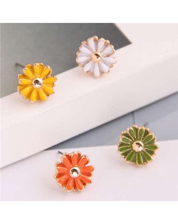 Enamel Mini Daisy Adorable Combo Korean Fashion Women Alloy Earrings - Yellow and Green