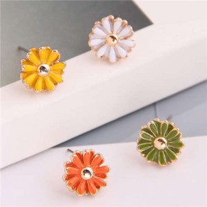 Enamel Mini Daisy Adorable Combo Korean Fashion Women Alloy Earrings - Yellow and Green
