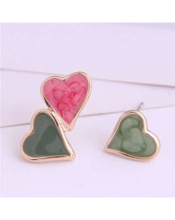 Korean Fashion Enamel Hearts Design Asymmetric Alloy Women Earrings - Green and Red