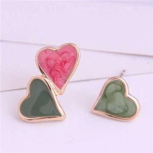 Korean Fashion Enamel Hearts Design Asymmetric Alloy Women Earrings - Green and Red