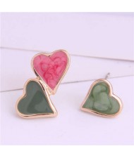 Korean Fashion Enamel Hearts Design Asymmetric Alloy Women Earrings - Green and Red