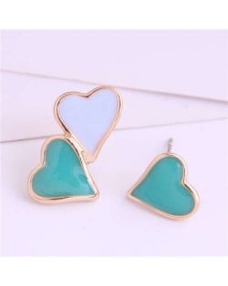 Korean Fashion Enamel Hearts Design Asymmetric Alloy Women Earrings - Teal and White