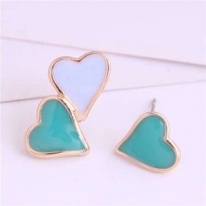 Korean Fashion Enamel Hearts Design Asymmetric Alloy Women Earrings - Teal and White