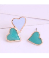 Korean Fashion Enamel Hearts Design Asymmetric Alloy Women Earrings - Teal and White