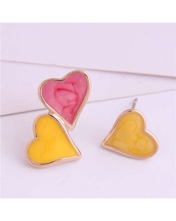 Korean Fashion Enamel Hearts Design Asymmetric Alloy Women Earrings - Red and Yellow