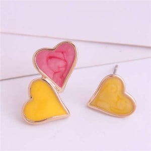Korean Fashion Enamel Hearts Design Asymmetric Alloy Women Earrings - Red and Yellow