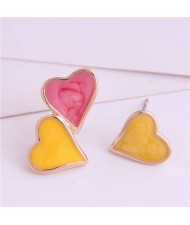 Korean Fashion Enamel Hearts Design Asymmetric Alloy Women Earrings - Red and Yellow