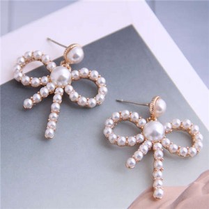 Pearl Fashion Hollow Bowknot Alloy Women Stud Earrings