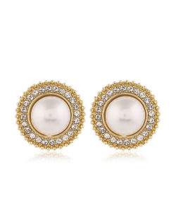 Sweet Design Rhinestone Rimmed Pearl Fashion Women Alloy Earrings - Round