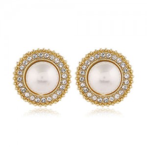 Sweet Design Rhinestone Rimmed Pearl Fashion Women Alloy Earrings - Round