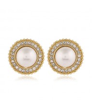 Sweet Design Rhinestone Rimmed Pearl Fashion Women Alloy Earrings - Round