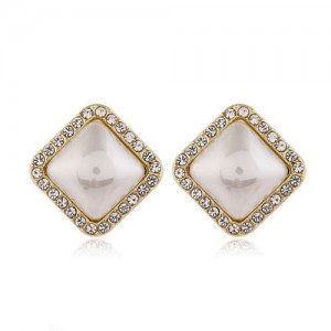 Sweet Design Rhinestone Rimmed Pearl Fashion Women Alloy Earrings - Square