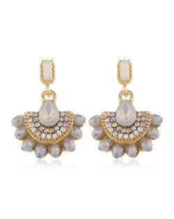 Rhinestone Embellished Fan Shape Crystal Dangling Fashion Women Alloy Statement Earrings - Gray