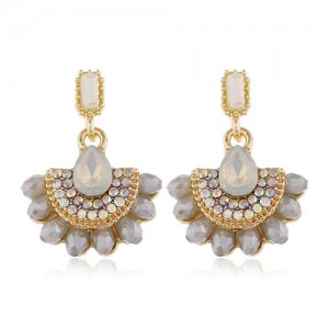 Rhinestone Embellished Fan Shape Crystal Dangling Fashion Women Alloy Statement Earrings - Gray