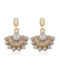 Rhinestone Embellished Fan Shape Crystal Dangling Fashion Women Alloy Statement Earrings - Gray