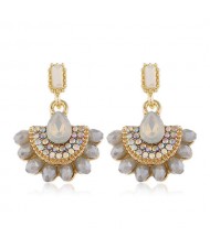 Rhinestone Embellished Fan Shape Crystal Dangling Fashion Women Alloy Statement Earrings - Gray