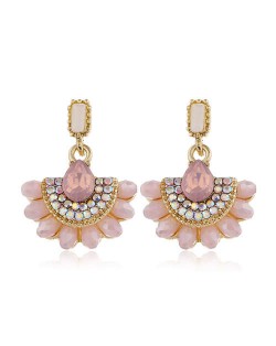 Rhinestone Embellished Fan Shape Crystal Dangling Fashion Women Alloy Statement Earrings - Pink