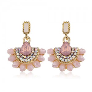Rhinestone Embellished Fan Shape Crystal Dangling Fashion Women Alloy Statement Earrings - Pink