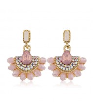 Rhinestone Embellished Fan Shape Crystal Dangling Fashion Women Alloy Statement Earrings - Pink