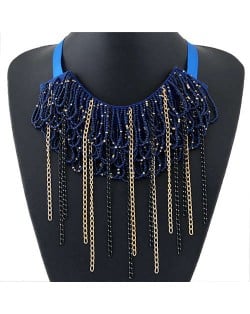 Bohemian Fashion Mini Beads Collar Design Alloy Chain Tassel Alloy Women Bib Necklace - Dark Blue