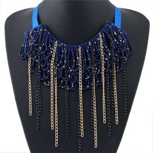 Bohemian Fashion Mini Beads Collar Design Alloy Chain Tassel Alloy Women Bib Necklace - Dark Blue