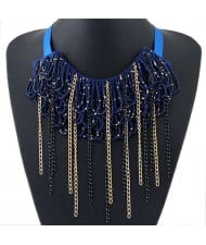 Bohemian Fashion Mini Beads Collar Design Alloy Chain Tassel Alloy Women Bib Necklace - Dark Blue