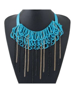 Bohemian Fashion Mini Beads Collar Design Alloy Chain Tassel Alloy Women Bib Necklace - Teal