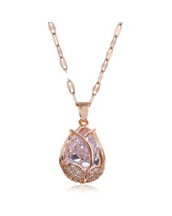 Cubic Zirconia Embellished Tulip Pendant Fashion Women Copper Necklace - Transparent