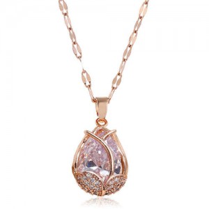Cubic Zirconia Embellished Tulip Pendant Fashion Women Copper Necklace - Transparent