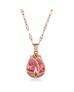 Cubic Zirconia Embellished Tulip Pendant Fashion Women Copper Necklace - Pink