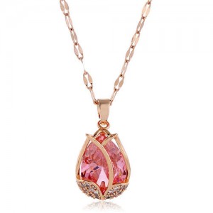 Cubic Zirconia Embellished Tulip Pendant Fashion Women Copper Necklace - Pink