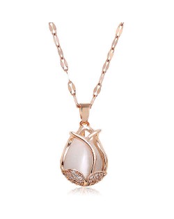 Cubic Zirconia Embellished Tulip Pendant Fashion Women Copper Necklace - White