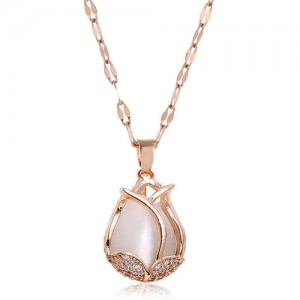 Cubic Zirconia Embellished Tulip Pendant Fashion Women Copper Necklace - White