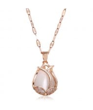 Cubic Zirconia Embellished Tulip Pendant Fashion Women Copper Necklace - White