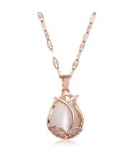 Cubic Zirconia Embellished Tulip Pendant Fashion Women Copper Necklace - White