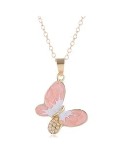 Pearl Inlaid Oil-spot Glazed Butterfly Pendant Korean Fashion Women Alloy Necklace - Pink