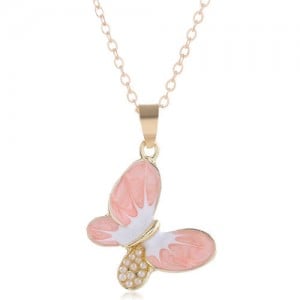 Pearl Inlaid Oil-spot Glazed Butterfly Pendant Korean Fashion Women Alloy Necklace - Pink