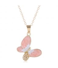 Pearl Inlaid Oil-spot Glazed Butterfly Pendant Korean Fashion Women Alloy Necklace - Pink