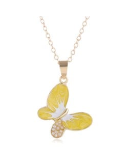 Pearl Inlaid Oil-spot Glazed Butterfly Pendant Korean Fashion Women Alloy Necklace - Yellow