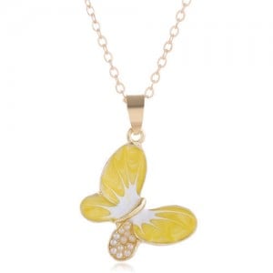 Pearl Inlaid Oil-spot Glazed Butterfly Pendant Korean Fashion Women Alloy Necklace - Yellow